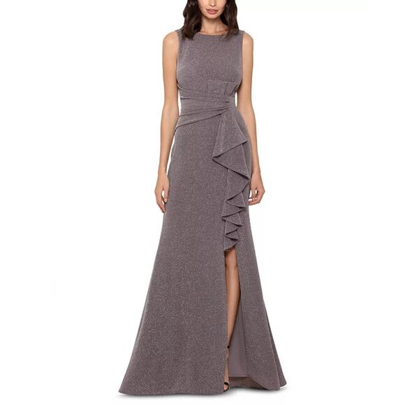 Betsy & Adam Women's Cascade-Front Glitter Gown Sleeveless Taupe/Silver 16 NWT - Picture 1 of 12
